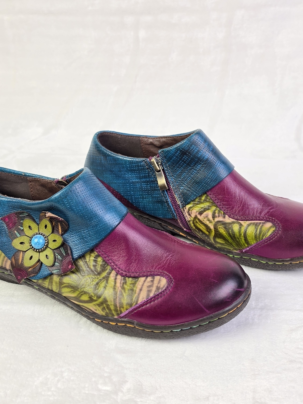 Socofy Shoes Womens 39 Floral Ankle Boots Burgundy Blue Green Zip Comfort Casual - Picture 7 of 12